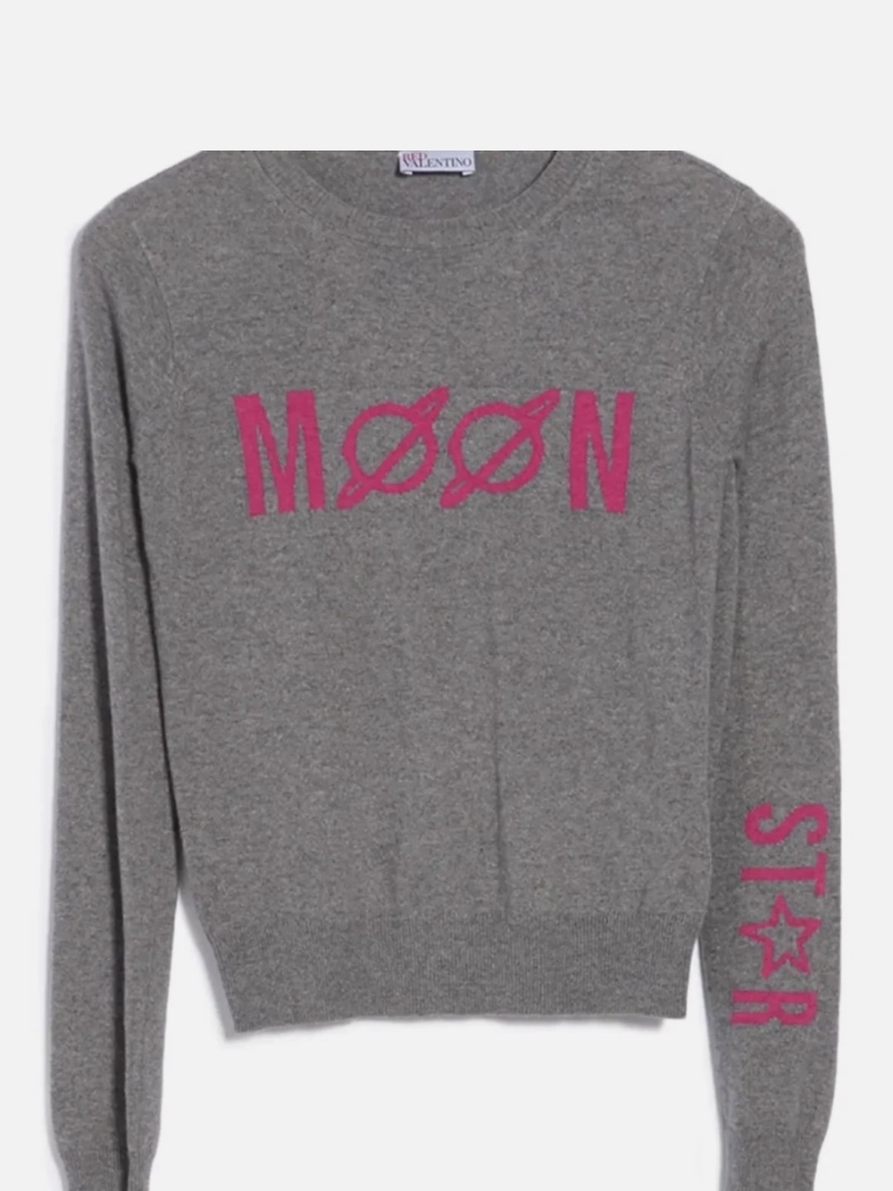 RED Valentino Gray Crewneck Sweater with Pink 'MOON' and Sleeve Star